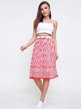 Red - Multi - Fully Lined - Chiffon - Skirt - By Saygı