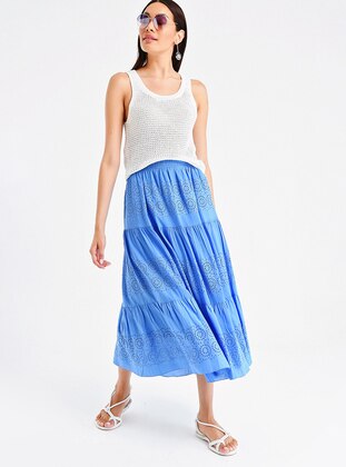 Blue - Fully Lined - Cotton - Skirt - By Saygı