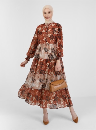 Beige - Brown - Floral - Crew neck - Fully Lined - Modest Dress - Refka