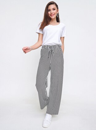 Black - Stripe - Pants - By Saygı