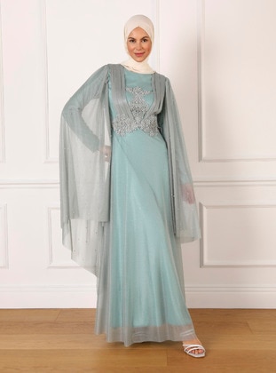 Pearl Stone And Tulle Detailed Silvery Hijab Evening Dress Gray Mint