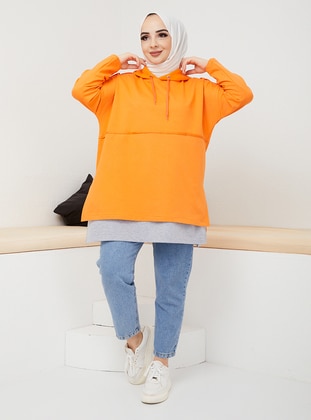 Gray - Orange - Sweat-shirt - Efkeyem