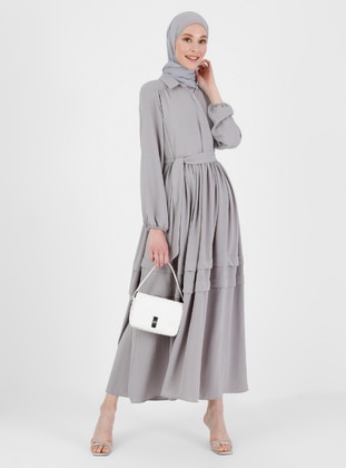 Gray - Point Collar - Unlined - Modest Dress - Refka
