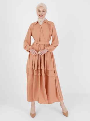 Elastic Belt Detailed Modest Dress With Sleeves  Orange