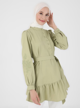 Poplin Tunic With Embroidery Detail On Sleeves Olive Green