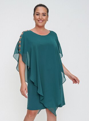 Green - Crew neck - Modest Plus Size Evening Dress - By Saygı