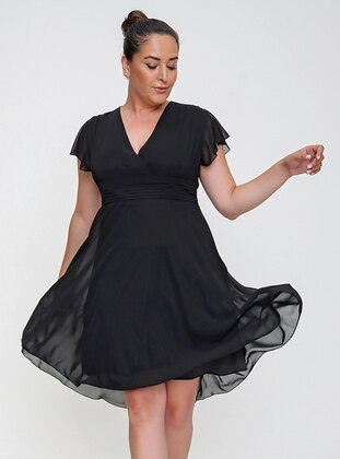 Black - Fully Lined - Double-Breasted - Modest Plus Size Evening Dress - By Saygı