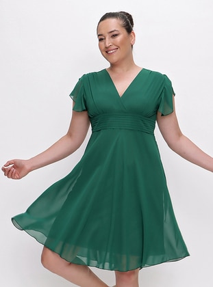 Green - Fully Lined - Double-Breasted - Modest Plus Size Evening Dress - By Saygı