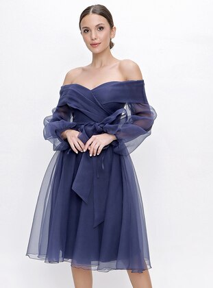 Fully Lined - Navy Blue - Evening Dresses - By Saygı
