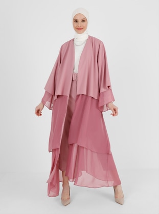 Evening Dress Abaya Rose Color With Chiffon Detail And Cape