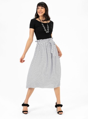 White - Polka Dot - Fully Lined - Cotton - Skirt - By Saygı