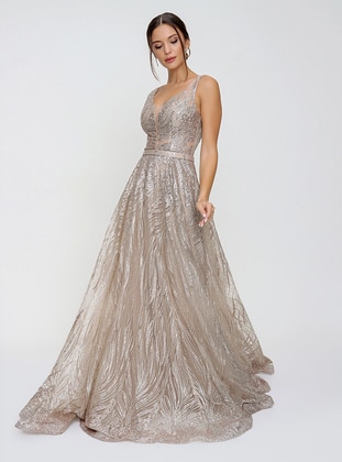 Silvery Ghost Tulle Princess Evening Dress Gold Color
