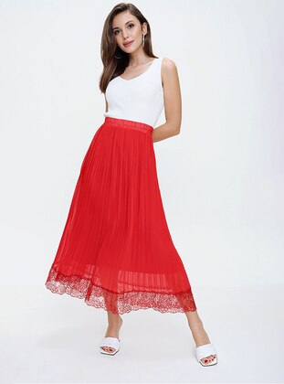 Red - Fully Lined - Skirt - By Saygı