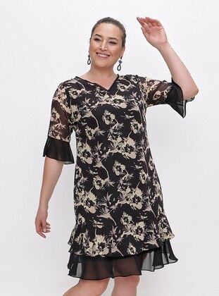 Black - Floral - Fully Lined - V neck Collar - Modest Plus Size Evening Dress - By Saygı