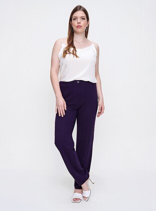 Purple - Plus Size Pants - By Saygı