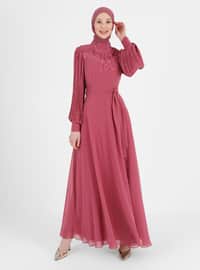 Bead And Embroidery Detailed Hijab Evening Dress Rose Color