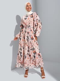 Floral Patterned Chiffon Modest Dress With Elastic Waist Beige Green Patterned