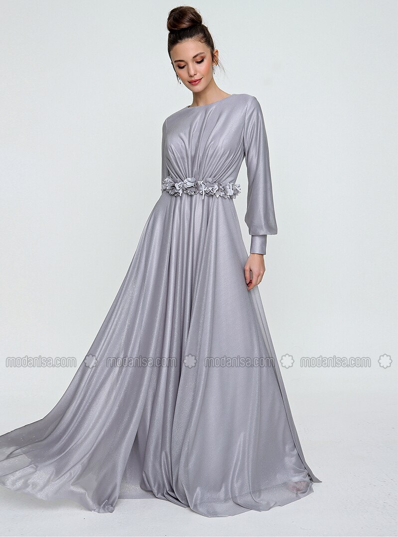 Fully Lined - Gray - Crew neck - Modest Evening Dress