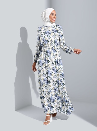 Natural Fabric Floral Patterned Modest Dress Ecru Blue