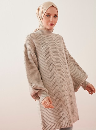Links Knit Balloon Sleeve Front Size Hair Knit Long Sweater Tunic Stone
