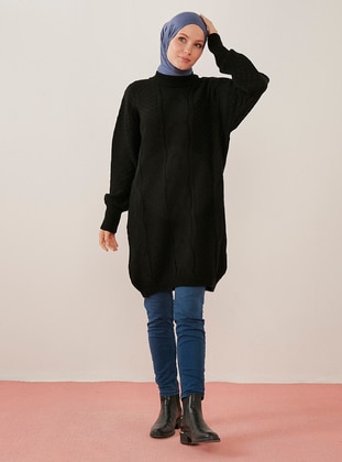 Front Size Hair Braid Long Sweater Tunic Black