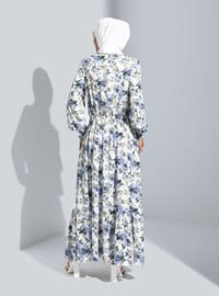 Natural Fabric Floral Patterned Modest Dress Ecru Blue