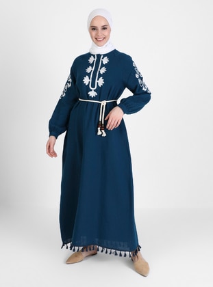 Navy Blue - Button Collar - Unlined - Cotton - Modest Dress - Refka