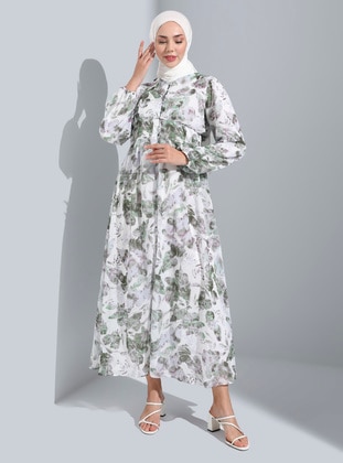 Green - Floral - Crew neck - Fully Lined - Modest Dress - Refka