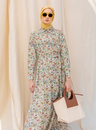 Green - Floral - Point Collar - Fully Lined - Modest Dress - Refka
