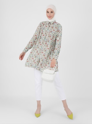 Green - Floral - Point Collar - Tunic - Refka