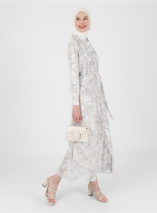 Gray - Floral - Point Collar - Fully Lined - Modest Dress - Refka