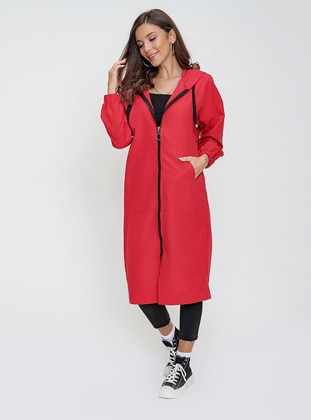 Soft Cotton Trenchcoat With Hooded Pockets And Zipper Red