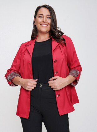 Maroon - Button Collar - Plus Size Trench coat - By Saygı