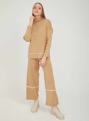 Camel - Stripe - Polo neck - Unlined - Plus Size Suit - By Saygı