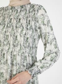 Gipe Detailed Tropical Patterned Modest Dress Green Tropical Patterned