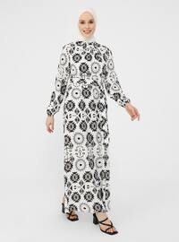 Geometric Patterned Viscose Modest Dress Black And White