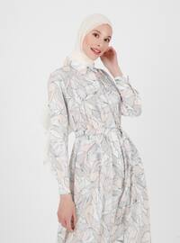 Gray - Floral - Point Collar - Fully Lined - Modest Dress