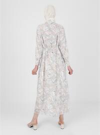 Gray - Floral - Point Collar - Fully Lined - Modest Dress