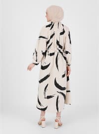 Patterned Modest Dress With Gipe Detailed Collar Beige