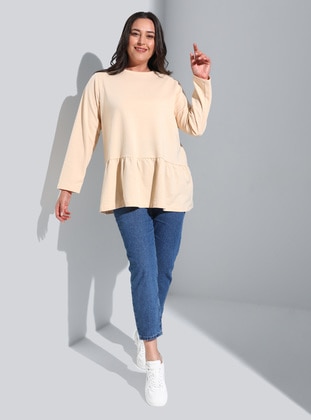 Beige - Cotton - Plus Size Sweatshirts - Alia