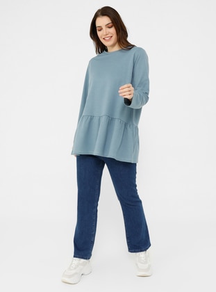 Ice Blue - Cotton - Plus Size Sweatshirts - Alia