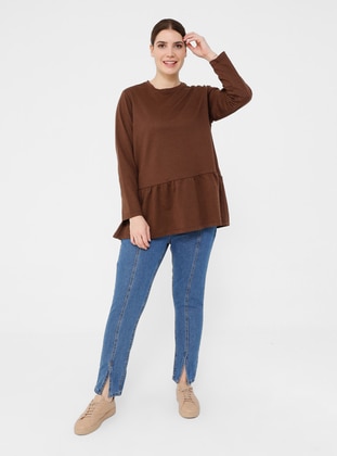 Brown - Cotton - Plus Size Sweatshirts - Alia