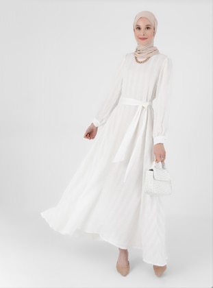 Dobby Detailed Belt Detailed Modest Dress Off White