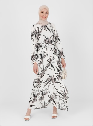 Floral Patterned Lined Chiffon Modest Dress Off White