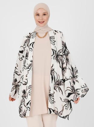 White - Floral - Unlined - Double-Breasted - Viscose - Topcoat - Refka