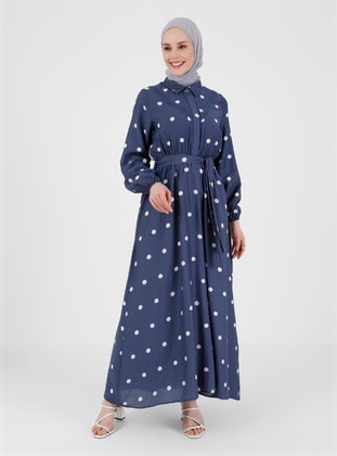 Navy Blue - Polka Dot - Point Collar - Unlined -  - Viscose - Modest Dress - Refka