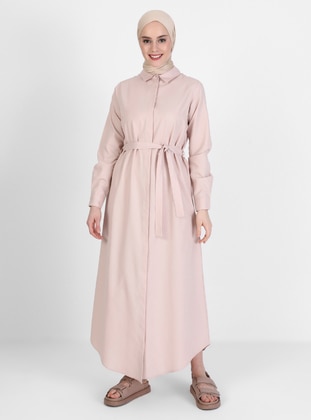 Pink - Point Collar - Unlined - Cotton - Modest Dress - Refka