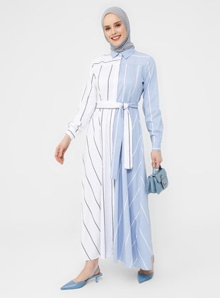 Blue -  - Stripe - Point Collar - Unlined - Cotton - Modest Dress - Refka