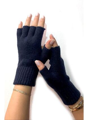 Woolen Fingerless Women's Gloves Navy Blue Orange