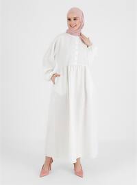Waffle Efekt Kumaş Yarım Patlı Tesettür Elbise - Off White
